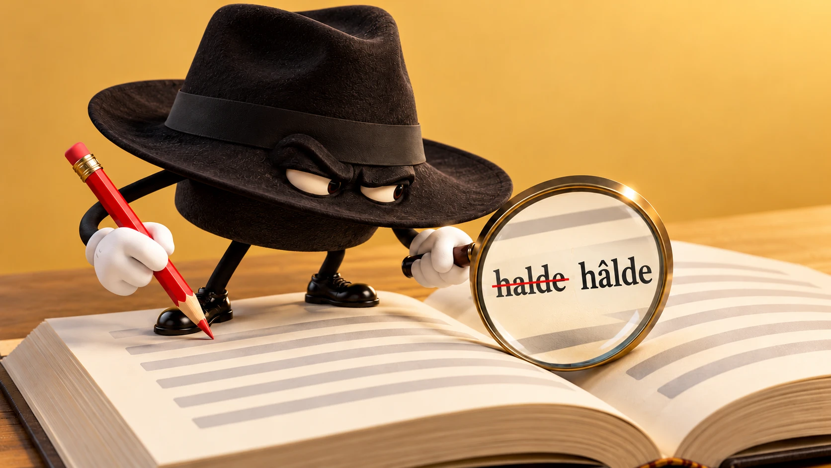 Siyah şapkalı düzeltmen kırmızı kalem ve büyüteçle kitaptaki “halde” yazımını “hâlde” olarak düzeltiyor